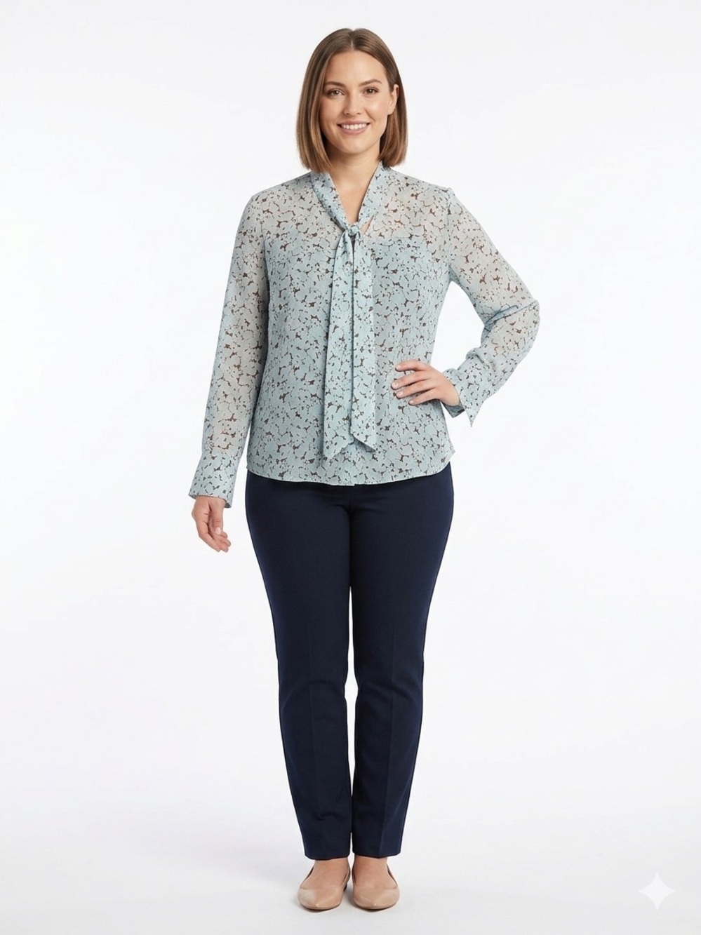 Liz Claiborne NWOT Silk Light Mint Floral Tie-Neck Blouse Long Sleeve
